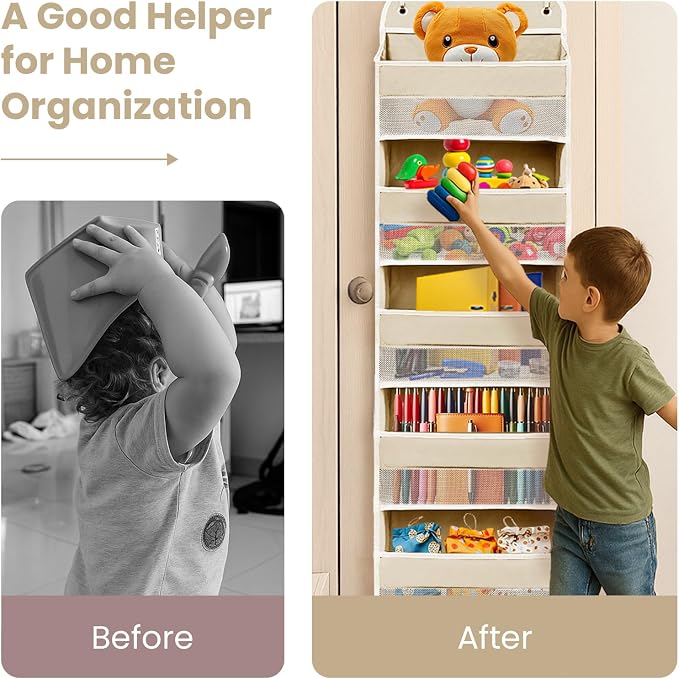 Easy Assembly Over The Door Organizer, 6 Shelves&10 Side Pockets, Heavy-Duty Reinforced Mesh Rack Holds 44lb, Hanging Behind Door Storage for Bathroom Pantry, Nursery, Closet, Shoes,Towels-Ivory White