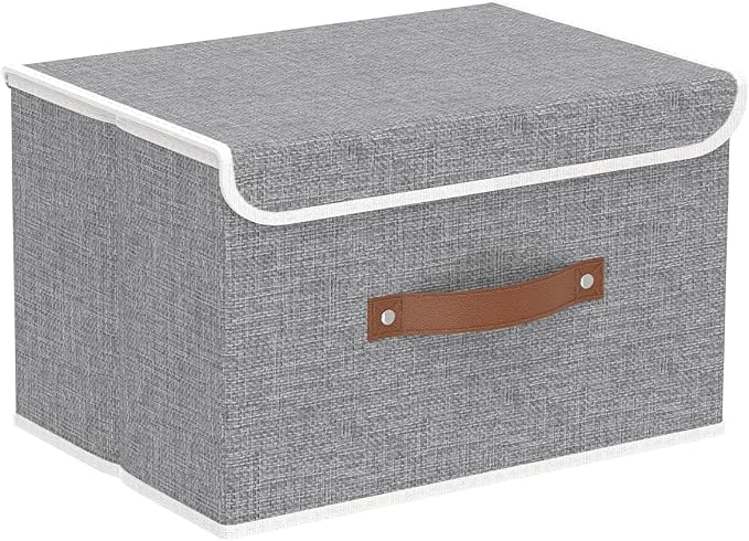Yawinhe Collapsible Storage Box, Cube Organizer Basket, Fabric Bin with Lids, Washable and Leather Handle for Shelves, Closet, Grey, 10.2x7.9x6.7 In, 1-Pack, SNK024GN-1