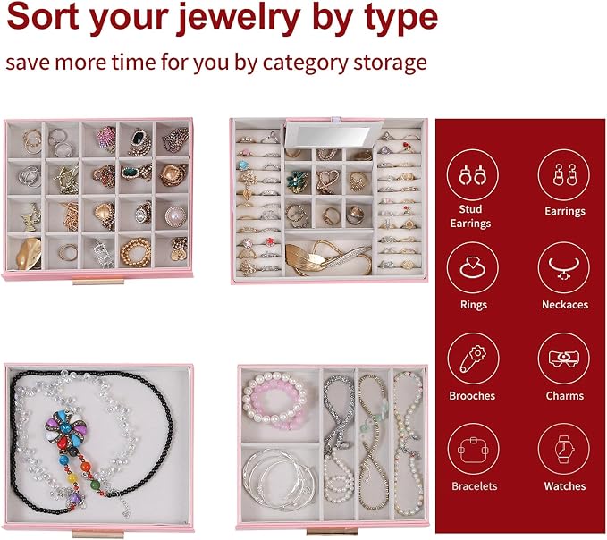 BOOVO Clear Lid Jewelry Box,3 Layers Jewelry Organizer Large Jewelry Storage Box with 2 Drawers,Jewelry Holder Organzier of Rings Earrings Necklace Bracelets for Women (Pink, 4 Layer)