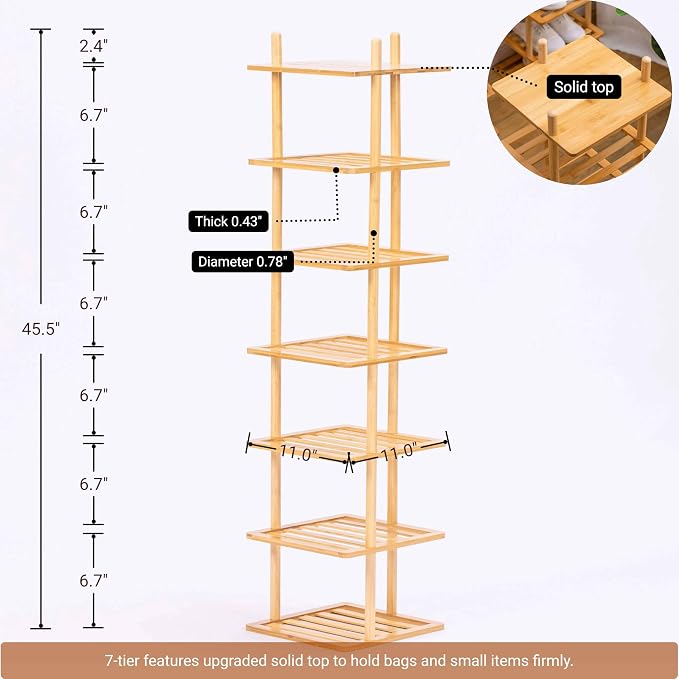7-Tier Vertical Shoe Rack - Tall Narrow Shoe Rack Organizer for Small Spaces,Bamboo Shoen Shelf for Entryway,Closet,Corner,Doorway,Skinny Shoe Shelf Space Saving Shoe Storage (Natural, 7-Tier)