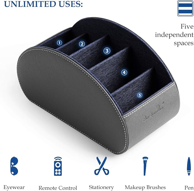 BONNY DODO Remote Control Holders Organizer Box with 5 Compartment PU Leather Multi-functional Office Desk Storage Caddy Store Tv Remote for Media Player,Brush,Pencil,Glassees&Office Supplies (Gray)