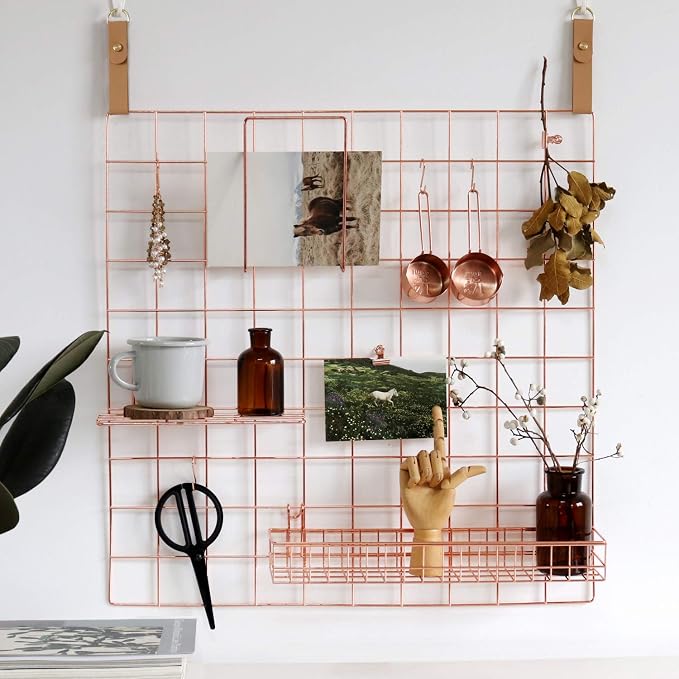 Rose Gold Grid Basket with Hooks,Bookshelf,Display Shelf for Wall Grid Panel,Wall Mount Organizer and Storage Shelf Rack for Home Supplies,1 Set of 3 (Rose Gold)