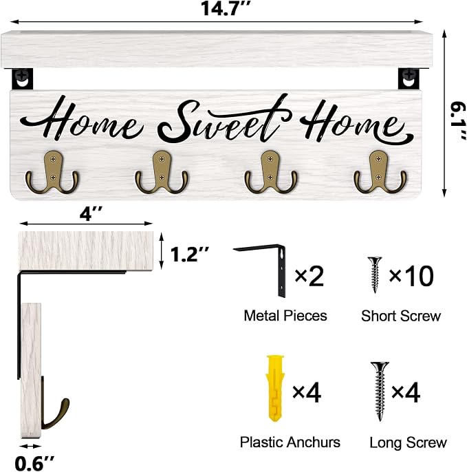 buways Wall-Mounted Key and Mail Holder, Wooden Key Rack with 4 Double Key Hooks, Rustic Home Decor for Entryway(White)