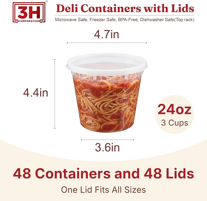 24oz Deli Containers with Lids (48 Set/96 Pcs) Food Storage Containers, Freezer Microwave Safe, BPA-Free Plastic, Stackable Snack Airtight Soup Leakproof Leftover Organizers & To-Go