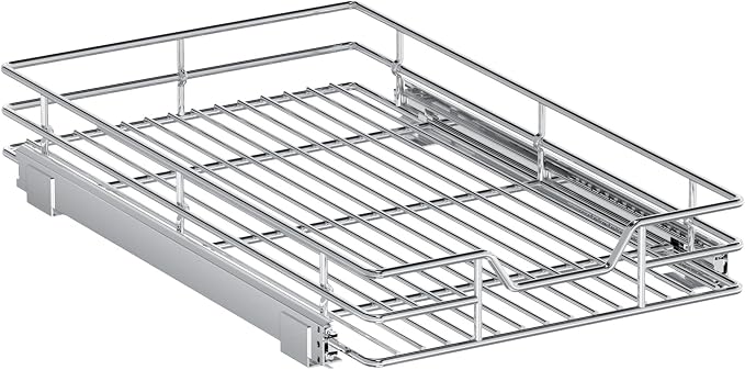 Pull Out Cabinet Organizer, 13.5" W x 21.5" D, Heavy Duty Chrome Slide Out Shelf for Base Cabinets, Sliding Wire Basket Drawer for Pantry Items, Bowls, Containers & Cleaning Supplies