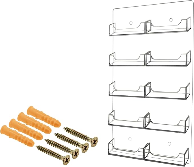Marketing Holders Hanging Business Card Holder 10 Pocket with Hardware for 3.5" x 2" Contact Info Cards Multi Slot Space Saving Rack Wall Mount Organizer Clear Acrylic Display