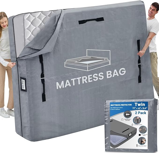 Mattress Bags for Moving and Storage, BETU Twin Mattress Protector Waterproof Mattress Cover with 8 Heavy Duty Handles and Zipper Extra Thick Moving Supplies for Dorm Bed (2 Pack:77x42x13.5 Grey)