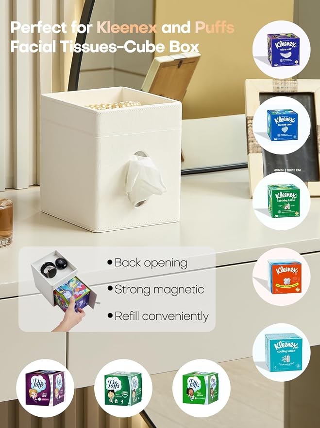 Square Tissue Box Cover Holder with Tray for Kleenex/Puffs Cubes | Gift-Ready for Entryways & Vanities | Stardust Black/Polar Ice/Liquid Iridium | Patented Metal-Look PU Leather-Polar Ice