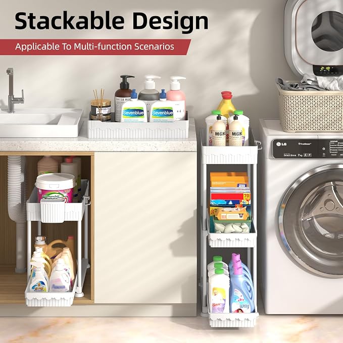 Sevenblue 4-Pack 2-Tier Under Sink Organizer with Pull Out Drawers | Multi-use kitchen & bathroom storage. Includes hanging hooks and cups. White, space-saving cabinet design. 14.8 Inch