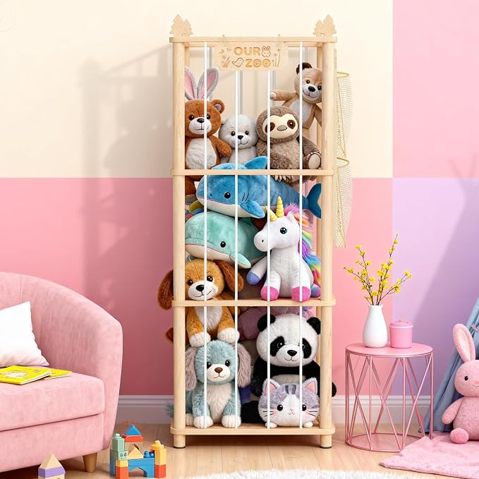 Stuffed Animal Storage - Large Wooden Toy Storage Organizer with 1 Removable Hanging Storage Net, Plush Toy Organizer for Kids' Rooms, Bedroom, Playroom or Nurseries