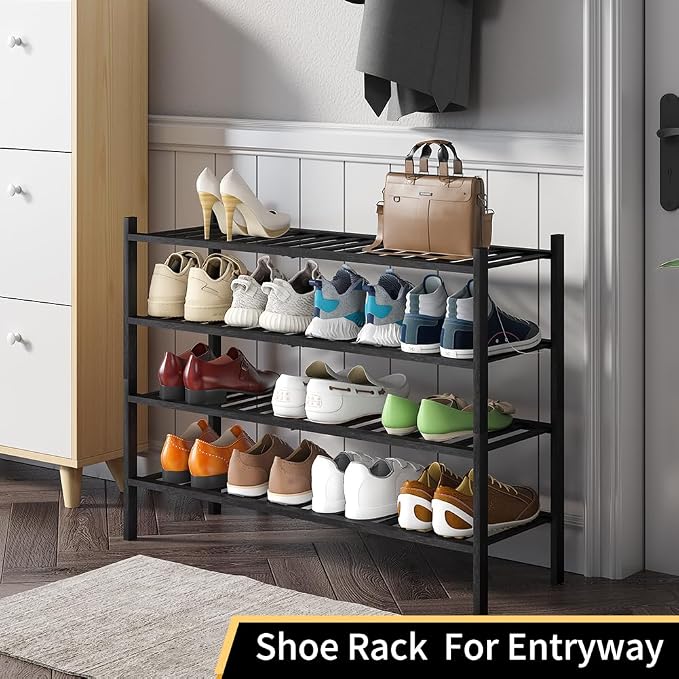 Long Shoe Rack, 4-Tier Bamboo Stackable Shoe Shelf Storage Organizer, Shoe Stand for Closet, Entryway and Hallway(Black)