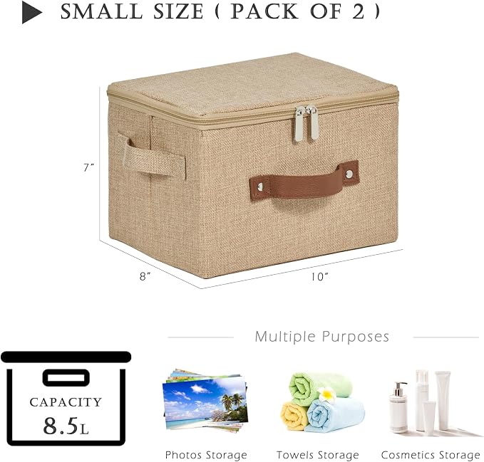 2 Pack Storage Bins with Zipper Lid Cotton Linen Fabric Lidded Storage Baskets Boxes Foldable Washable Closet Shelf Clothes Organizer Container with PU Leather Handles (Linen, Small)