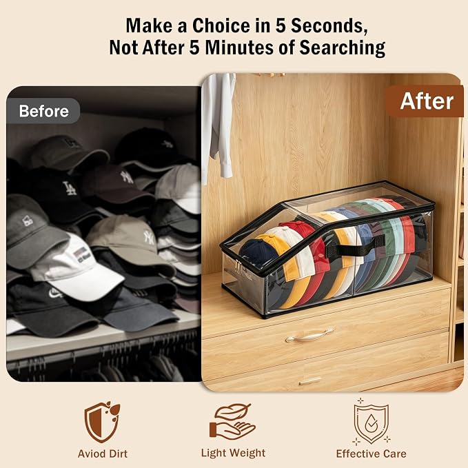 Foldable Clear Baseball Cap Storage Organizer – Stackable Transparent Hat Display Case with Zipper Closure 2 Pack– Space-Saving Protective Unit for Baseball Caps & Accessories Black Trim