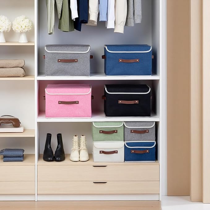 2PCS Collapsible Storage Boxes Baskets with Lid Cotton Linen Fabric Storage Bins with Faux Leather Handles Washable Cube Organizer Container for Home Closet Bedroom (Blue, Small Size)