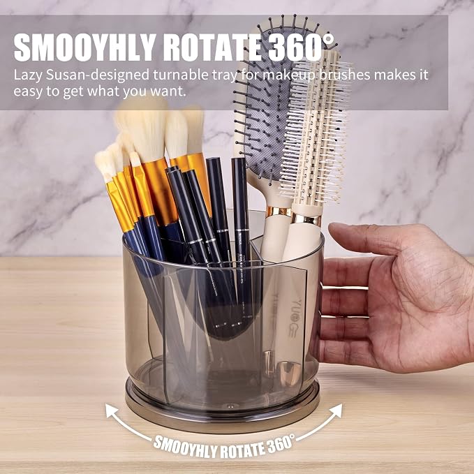 Makeup Brush Holder Organizer, Rotating Makeup Organizer for Vanity | Rotating 360° Clear Storage Cup Containers, Spinning Pen Holder for Desk, Round Make up Brush Stand with 5 Slots (Grey)
