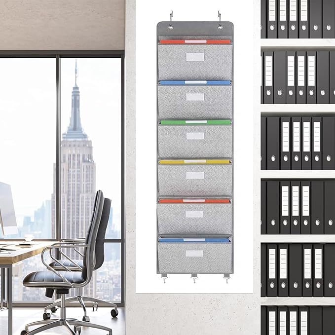 Over The Door File Organizer - 6 Extra Large Pockets Hanging Wall Mounted Storage Files Holder Pocket Chart for Magazine, Notebooks, Planners, Mails etc. Office Home Supplies