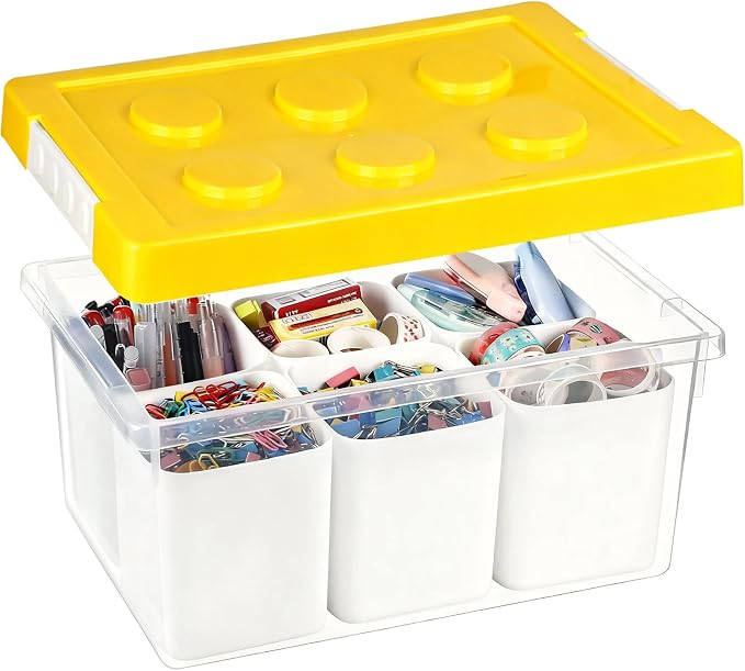 Plastic Storage Bins with Lids, Art Craft Supply Organizer Box with Brush Pot, Multipurpose Stackable Storage Containers for Organizing Tool, Craft, Crayon,Sewing(Yellow)