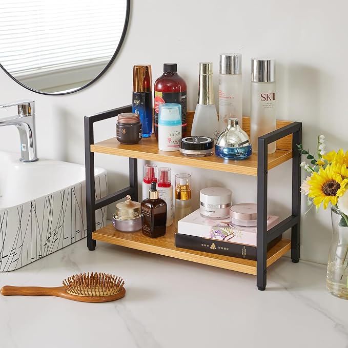 IBUYKE 2-Tier Spice Rack Industrial Counter Shelf Desktop Storage Organizer Standing Seasoning Rack for Countertop Kitchen Office Living Room Desktop Nature,UTLJ002N
