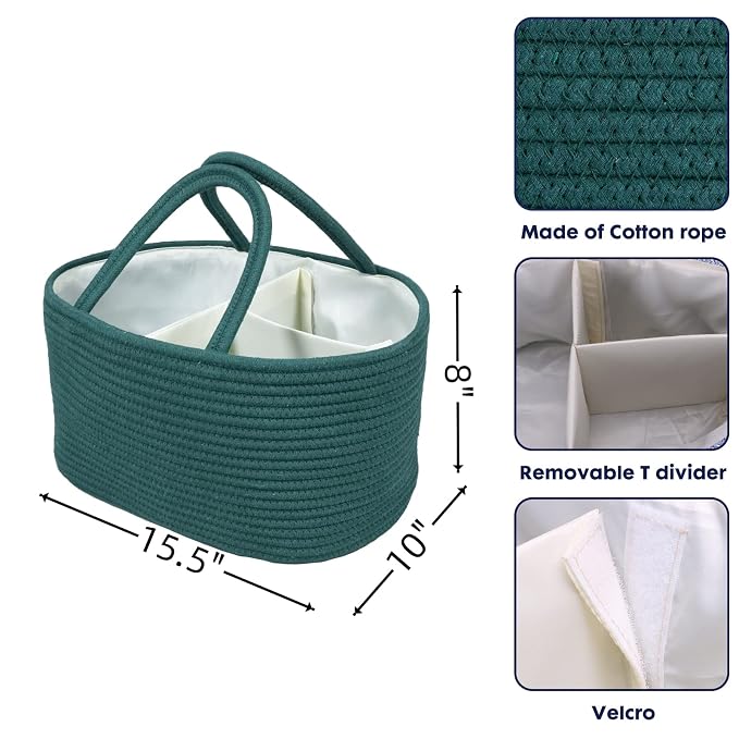 XUANGUO Large Baby Diaper Caddy Organizer for Girl Boy Rope Nursery Storage Bin Basket Portable Holder Tote Bag for Changing Table Car Travel Baby Shower Gifts basket dark green
