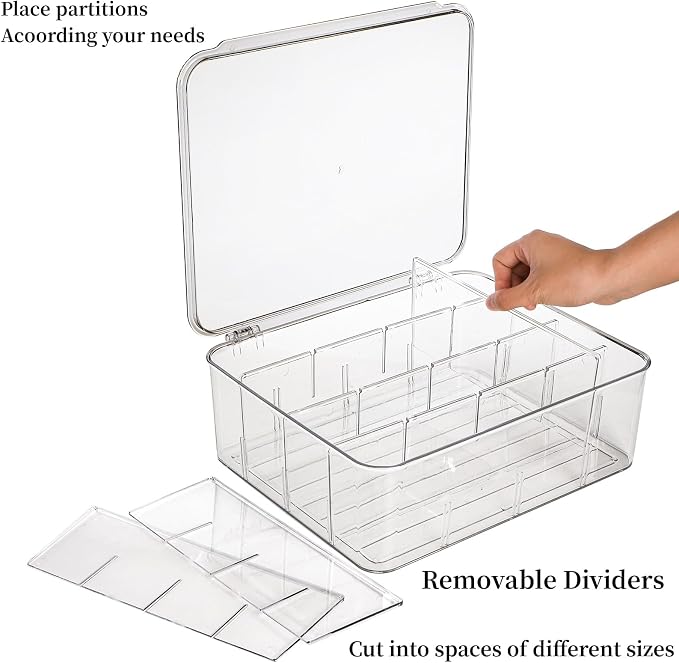 Adjustable Sock Underwear Drawer Organizer Dividers, 16 Grid Clear Tea Bag Holder with Lid, Removable Divided Tie Organizer Box, Plastic Storage Bin for Scarves Bras