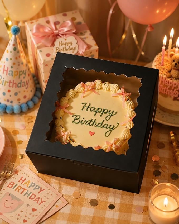 qiqee 10"x10"x5" Cake Box, 36 Sets Black Cake Box with Window ＆ 36 Sets 10" Black Cake Round Boards, for Cake, Treat Cookie Dessert, Pastry, Birthday Party, Weddings