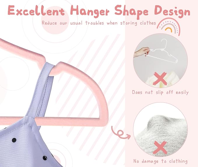 GOSCHE Kids Velvet Hangers (12.8 Inch - 50 Pack), Non-Slip Baby Clothes Hangers for Closet, Ultra Slim Space Saving Children Hanger, 360Degree Swivel-Hook, Infant/Toddler Hangers, Dark Pink