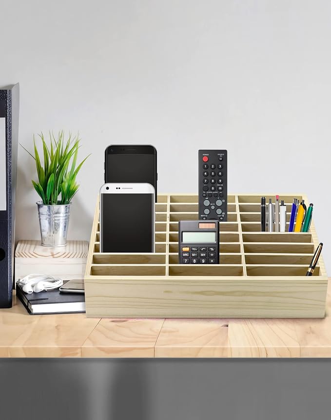 QWORK Wooden Cell Phones Storage Box 24-Grid, Desktop Mobile Phone Holder Management Storage Box Organizer, Multi Cell Phone Rack Display