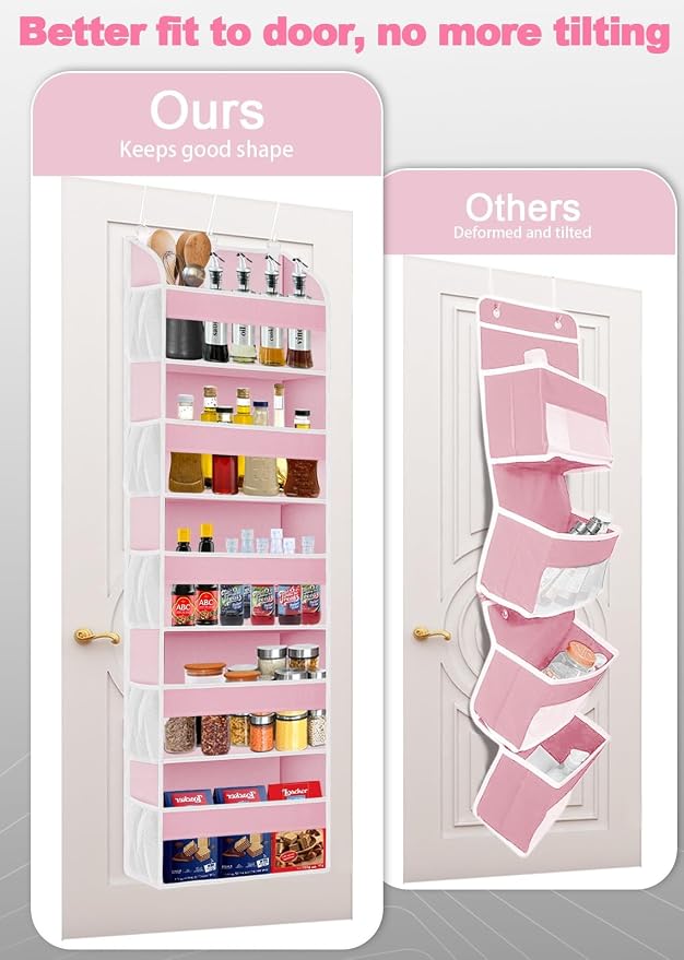 TAHAVICE 2 Pack Over the Door Storage Organizer with 5 Large Pockets | 44 lbs Weight Capacity & 10 Mesh Pockets Door Hanging Organizers and Storage for Bedroom,Bathroom,Nursery,Babyroom(Pink)