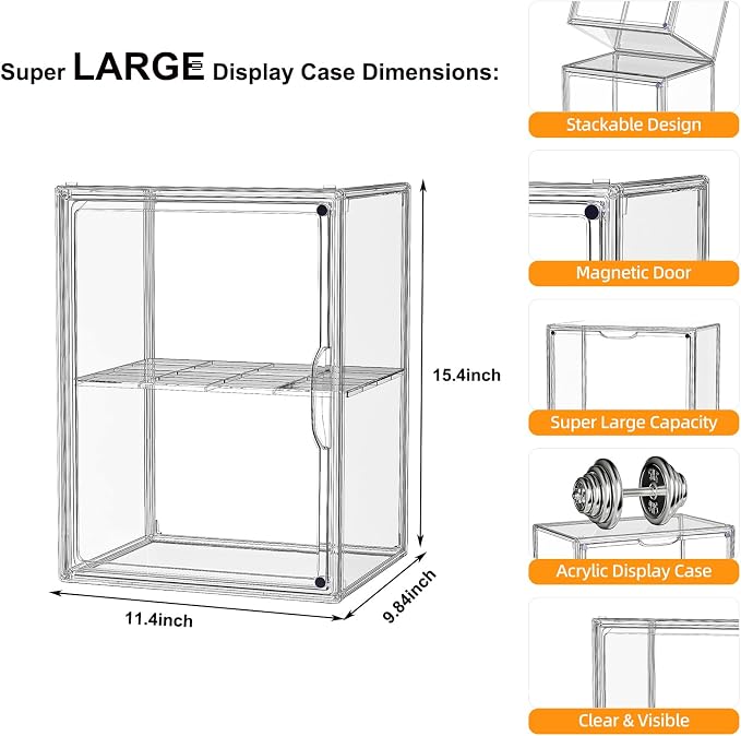Acrylic Clear Display Case, Stackable Plastic Storage Bins with Shelf, Figure Figurine Hobby Display Case with Magnetic Lid, Large Acrylic Display Box for Collectibles, Figures, XXXL-1 Pack