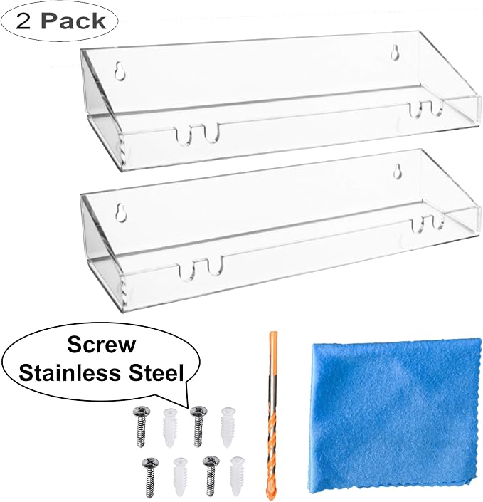 AMT 2 Pack Acrylic Floating Shelves, 15" L x 4" W, Clear Bathroom Wall Shelf, Bookshelves, Invisible Display for Office, Bedroom, Hanging Slots for Bath Sponge & Others Items, Free Screws & Drill Bit