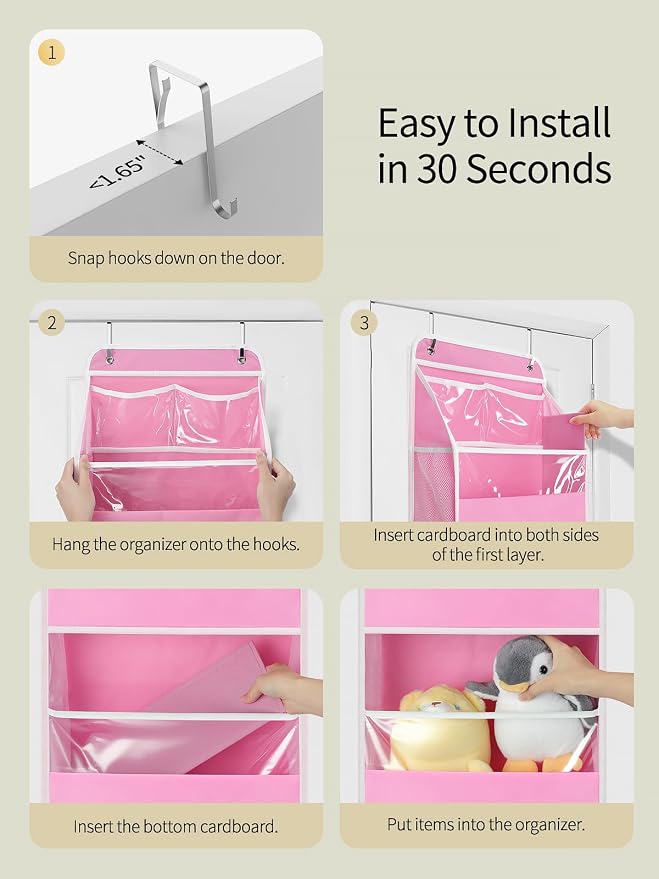 Yecaye 5 Tier Over the Door Organizer, Swing-proof Door Organizer Hanging with Clear PVC Windows, Behind the Door Storage for Bedroom Nursery Closet Laundry Pantry Bathroom, Pink