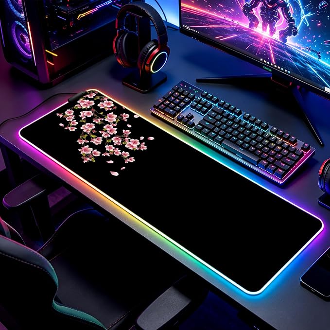 RGB Japanese Cherry Blossom Gaming Desk Mat, Computer Keyboard Large Extended Flowers LED Mouse Pad for Office and Home, 31.5×11.8 Inches, XL, Black