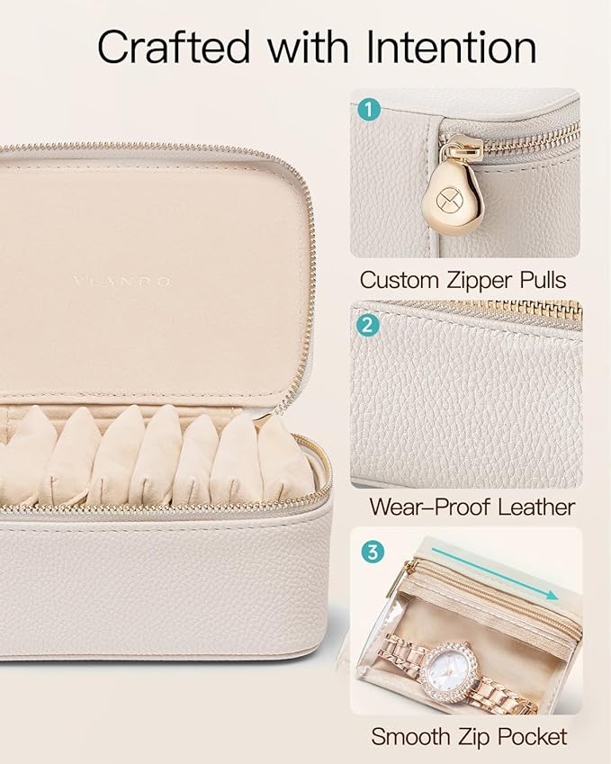 VLANDO Travel Jewelry Case with 8 Velvet Jewelry Bags Jewelry Travel Organizer Box for Girls Jewelry Box for Rings Earrings Brides Gifts Birthday Gifts for Women Teen(White)