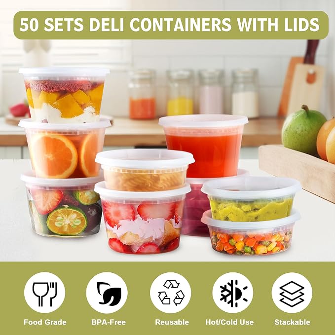Ezalia Deli Containers with Lids 50 Sets - Pint Plastic Soup Containers 16oz 8oz Clear Food Storage Containers with Lids Leakproof, Reusable Take Out for Restaurant, Microwave/Freezer/Dishwasher Safe