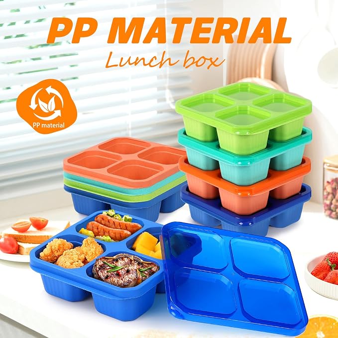 buluker 8 Pack Bento Snack Containers Set， 4 Compartment Food Storage Containers ，Wheat Straw Meal Prep Lunch Box ，Plastic Food Storage container, Microwave and Dishwasher Safe (Bright color)