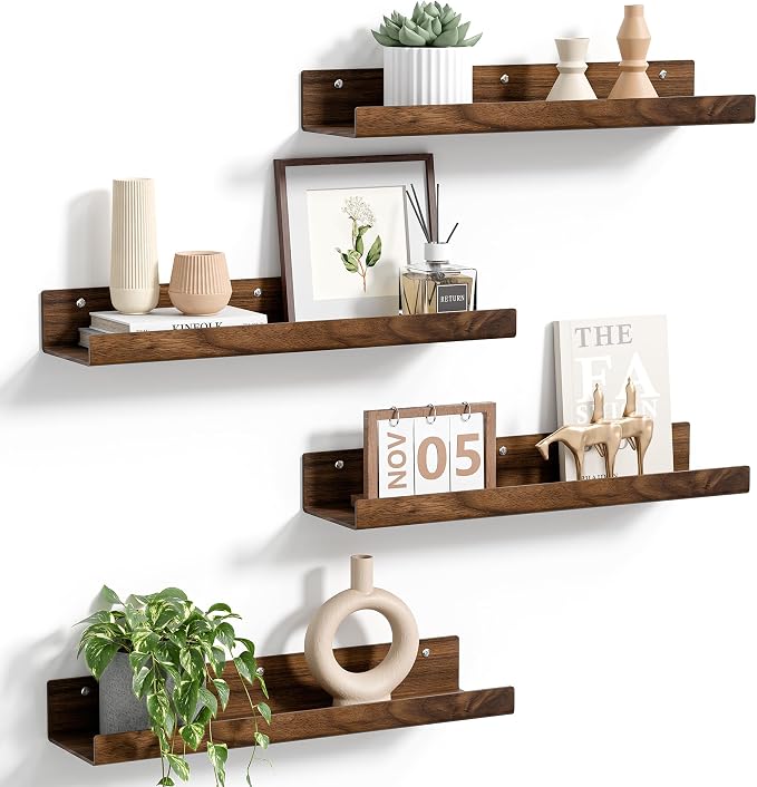 upsimples 4 Pcs 15" Acrylic Shelves for Wall Decor and Display, Walnut | Cute Floating Shelf for Perfume, Skincare, Nail Polish, Wall Organizer for Bedroom, Living Room, Playroom, Room Décor