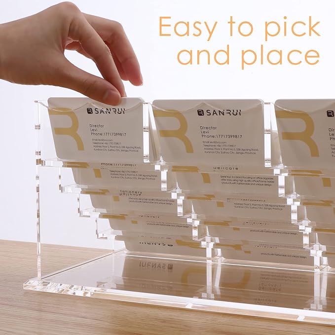 SANRUI Acrylic Multiple Business Card Holder Display for Desk, 15 Slots Business Card Stand, Clear Horizontal 5 Tier Business Card Holders, Holds 750-900 Cards