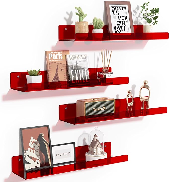 upsimples 4 Pcs 15" Acrylic Shelves for Wall Decor and Display, Red | Cute Floating Shelf for Perfume, Skincare, Nail Polish, Wall Organizer for Bedroom, Living Room, Playroom, Room Décor