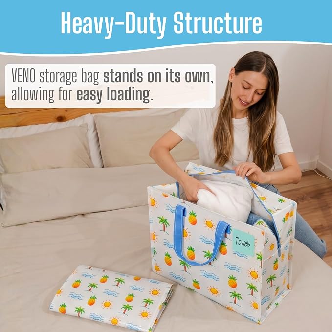 VENO 4 Pack Heavy Duty Moving Bags, Storage Bags, Packing Supplies, Top Zipper, Storage Totes for Camping, Clothes, Bedding, Comforters, Pillows (13 Gallon, Tropical Island, 4 Pack)