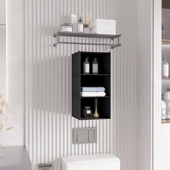 Hanging Closet Organizer 3-Shelf, Oxford Fabric Wardrobe Storage, Black | Easy-mount foldable design holds clothes, handbags, shoes & accessories; washable Oxford fabric, sturdy and space-saving.