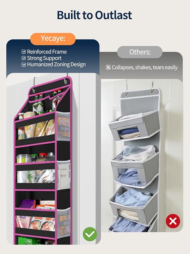 Yecaye 5 Tier Over the Door Organizer, Swing-proof Door Organizer Hanging with Clear PVC Windows, Behind the Door Storage for Bedroom Nursery Closet Laundry Pantry Bathroom, Pink and Black