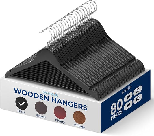SereneLife 80 Pack Wooden Hangers for Clothes, Heavy Duty Suit Hangers with Non Slip Notches and Pants Bar, Solid Wood Closet Organizer for Coats Shirts Jackets, Space Saving Durable Design, Black