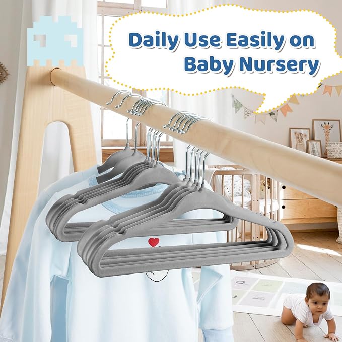 Smartor Premium 11 Inch Baby Hangers 50 Pack, Kids Velvet Hanger, Non Slip | Grey Space Saving Felt Hangers Clothes Organizers for Closet with 360° Swivel Hook for Children, Infant & Toddler