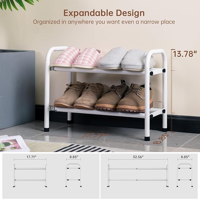 Gonfoam Shoe Rack for Closet, Expandable Shoe Organizer Storage Shelf, Adjustable Metal Free Standing Small Closet Shoe Rack for Entryway, Doorway (2-Tier White)