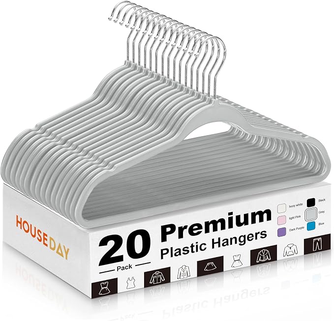 HOUSE DAY Grey Plastic Hangers 20 Pack - Ultra-Thin Heavy Duty Non-Velvet | Hangers with 360° Swivel Hook & Non Slip Notches - Slim Space Saving Clothes Hangers Ideal for Dresses Coats Shirts Jackets