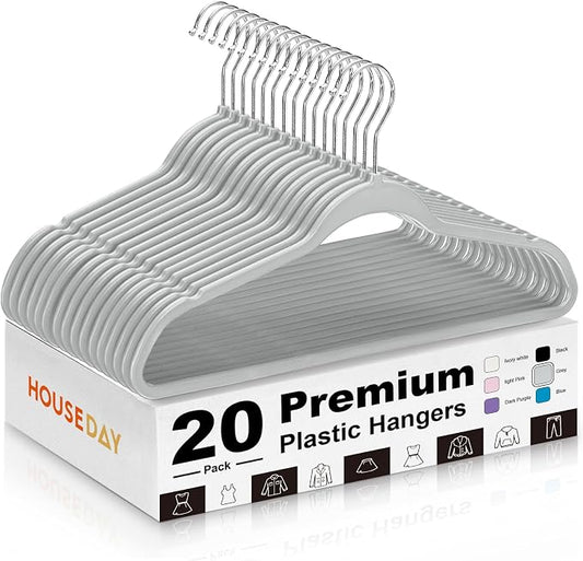 HOUSE DAY Grey Plastic Hangers 20 Pack - Ultra-Thin Heavy Duty Non-Velvet | Hangers with 360° Swivel Hook & Non Slip Notches - Slim Space Saving Clothes Hangers Ideal for Dresses Coats Shirts Jackets