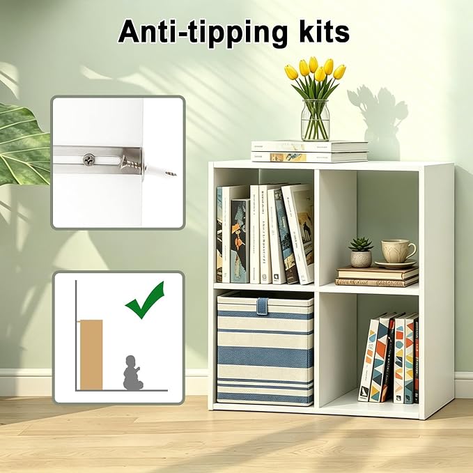 4 Cube Shelf with Anti-Tipping Kits + Reversible Open Back Bookcase, Multi Layer and Multi Grid Partition Layout (White 11in)