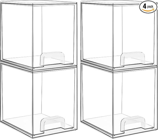 Vtopmart 7.6" H Clear Stackable Storage Drawers, 4 Pack Plastic Organizers Bins for Skincare, Cosmetics,Beauty Supplies,Ideal for Vanity, Bathroom,Kitchen Countertop,Cabinet Organization