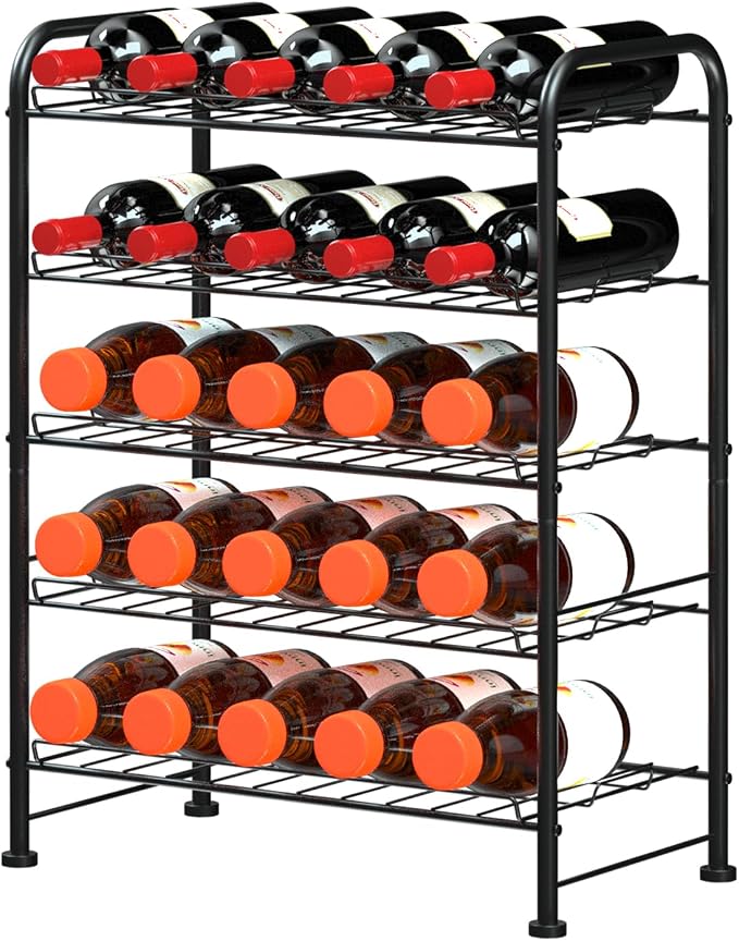OYEAL Plastic Water Bottle Storage Rack 5 Tier Bottled Water Holder Organizer Freestanding Floor Small Beverage Soda Drink Stand Shelf for Kitchen Pantry Can Storage, Hold 30 Bottles, Black