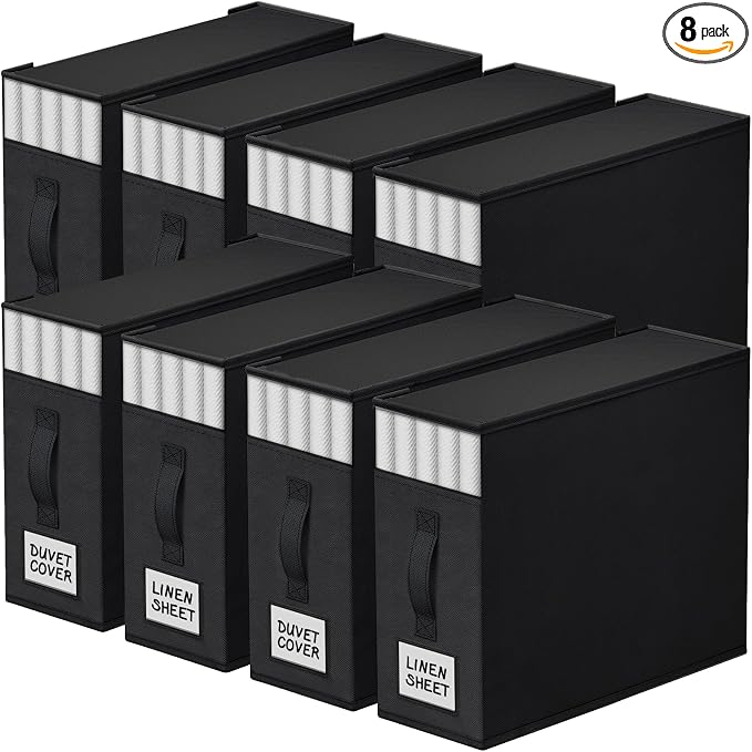 StorageTastic 8 Pack Bed Sheet Closet Organizers and Storage,Sturdy Foldable Storage Containers with Window and Label,Storage and Organization for Bedding Sheets,Duvet Covers,Blankets (Black)